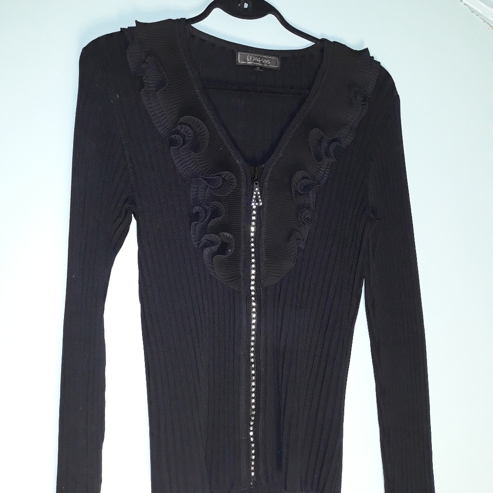 Festive Minkas Ruffled Rib Knit Cardigan Sweater Sparkling Zipper